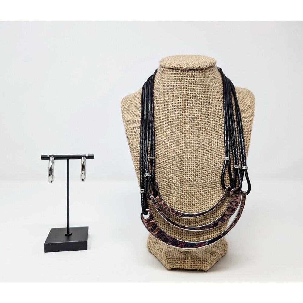 Linea Louis Dell'Olio Black Silver Tone Layered Necklace Earrings Set